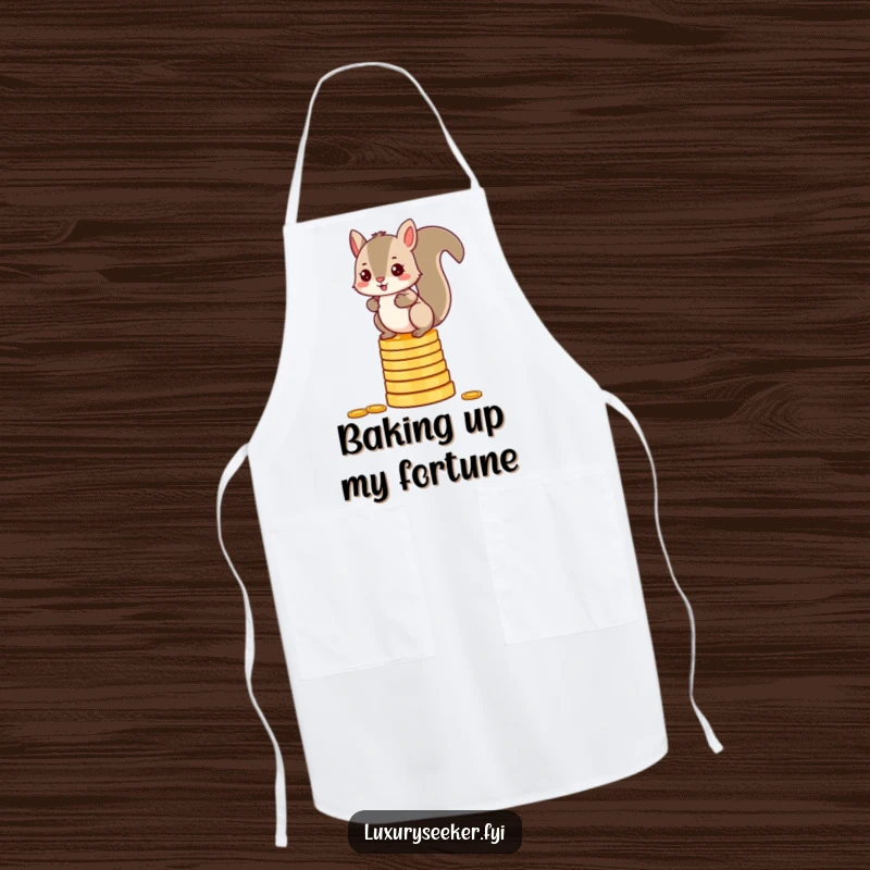 Funny squirrel apron depicting a mischievous character expertly balancing on a stack of shimmering gold coins while cooking.