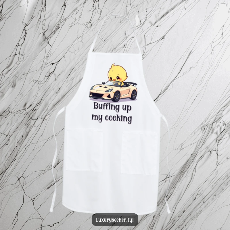 Funny apron featuring a sweet chick humorously polishing a tiny, gleaming sports car, adding automotive charm and protection in the kitchen.