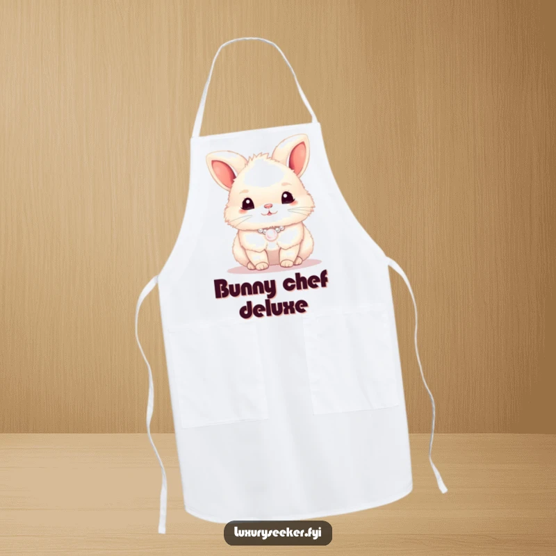 Funny bunny wearing a pearl necklace on a kitchen apron, looking stylish while cooking, a funny gift.