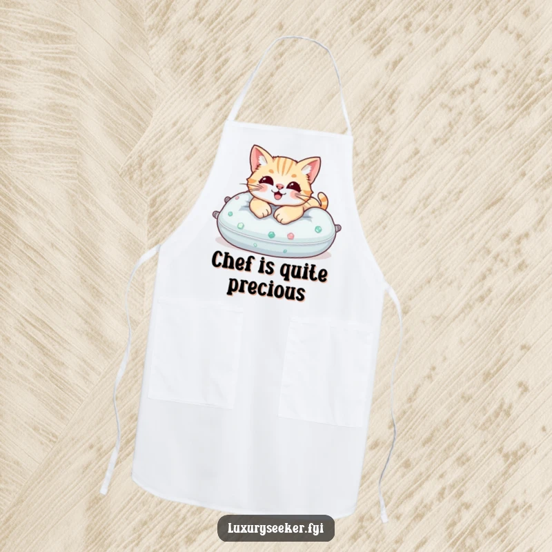 Funny Apron: A contented cat lounging regally on a plush pillow decorated with sparkling gemstones.