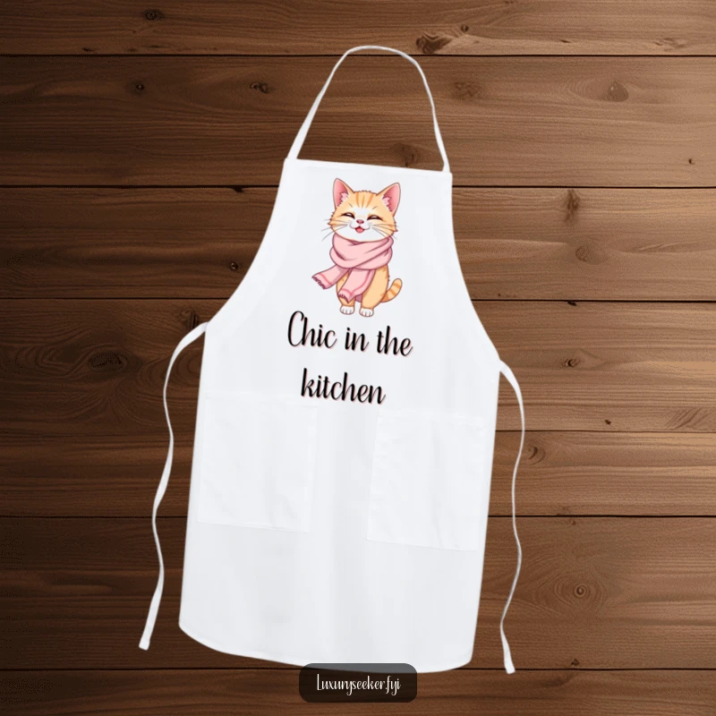 Funny apron featuring a giggling cat elegantly draped in a silk scarf, adding chic humor to kitchen activities.
