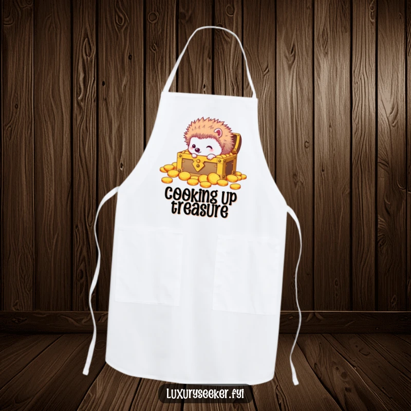 Funny apron featuring a curious hedgehog looking into a treasure chest filled with gold coins, adding fun to cooking.