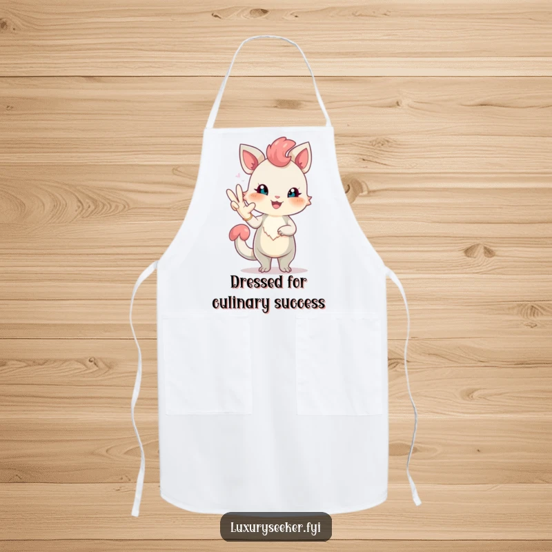 Funny apron showcasing a cheerful creature with rosy blush posing elegantly with a long, elegant glove, perfect for stylish and humorous cooking.
