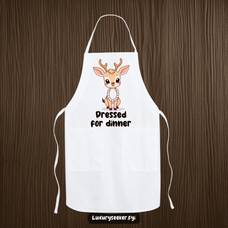Funny Apron: A graceful deer with a pearl necklace humorously oversees kitchen duties with sophisticated flair.