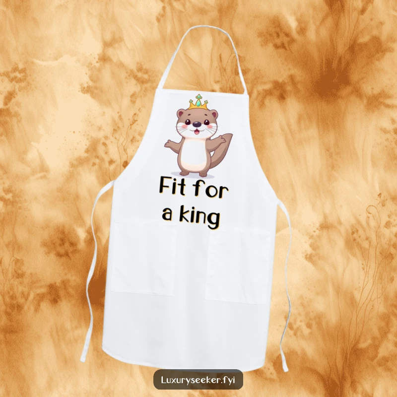 Funny apron showing a playful otter parading with a tiny, jeweled tiara, adding a touch of royal humor to the kitchen.