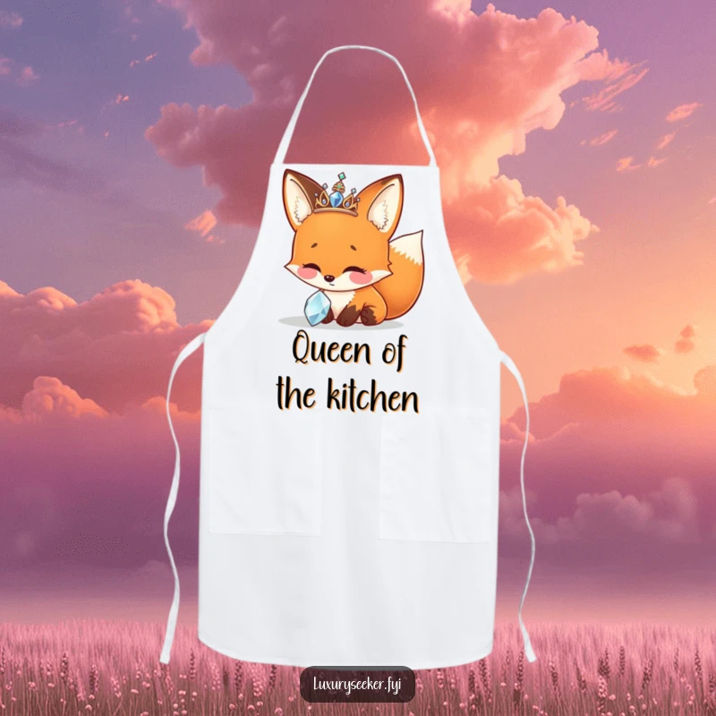 Funny Apron featuring a cheerful fox with a sparkly tiara, admiring a jewel, great for kitchen use.