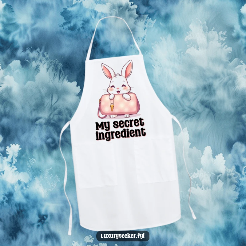 Funny Apron featuring a delighted rabbit examining a shimmering, oversized handbag, great for kitchen fashion.