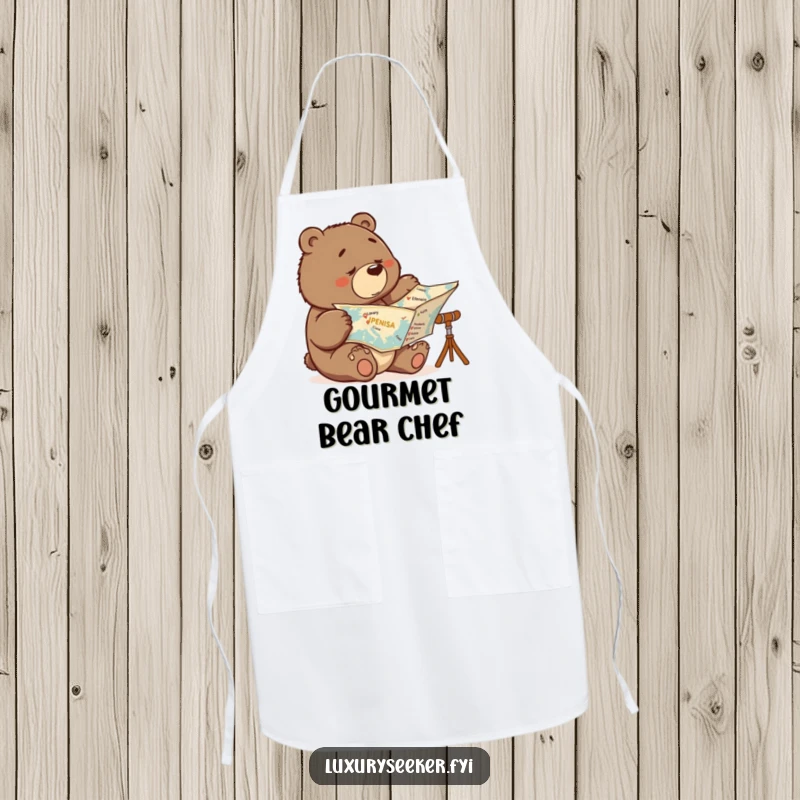Funny apron featuring a determined bear studying a map with luxury destinations marked, bringing humor to the kitchen.