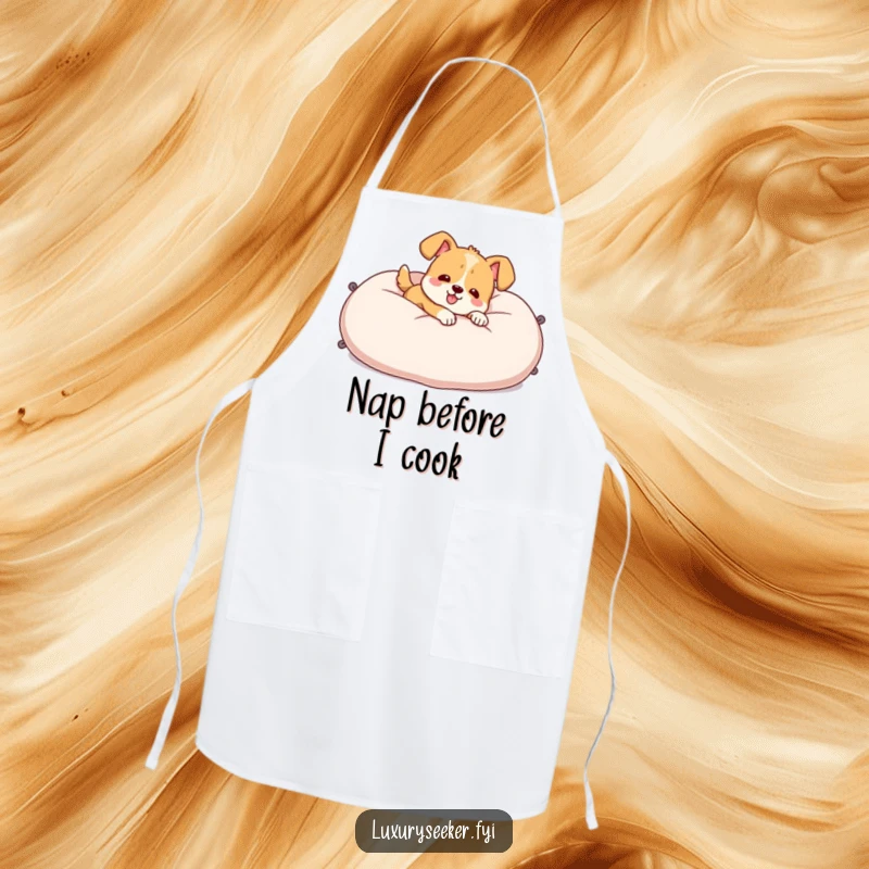 Funny Apron with a cheerful dog character lounging on a velvet pillow, protecting clothes with canine relaxation and humor.