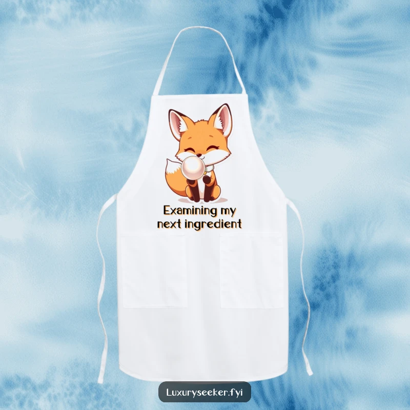 Funny Fox Apron: A dapper fox wearing a bow tie examines a shimmering, oversized pearl, perfect for a humorous cooking experience.