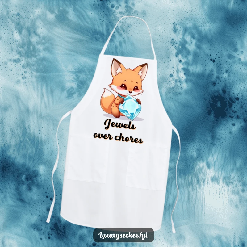 Funny apron with a curious fox character admiring a large, sparkling diamond necklace, ready for kitchen duties with humorous flair.