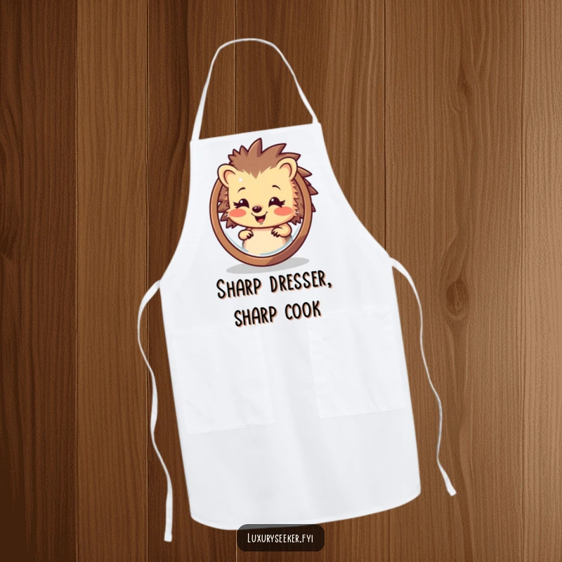 Funny Hedgehog Apron: A happy hedgehog admires its reflection in a mirror while wearing this humorous and practical kitchen accessory.