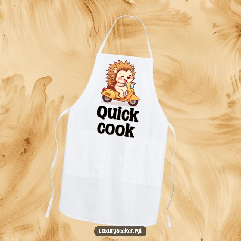 Funny Apron: Joyful hedgehog riding a tiny golden scooter with a confident smile, a humorous and practical kitchen accessory for cheerful cooks.