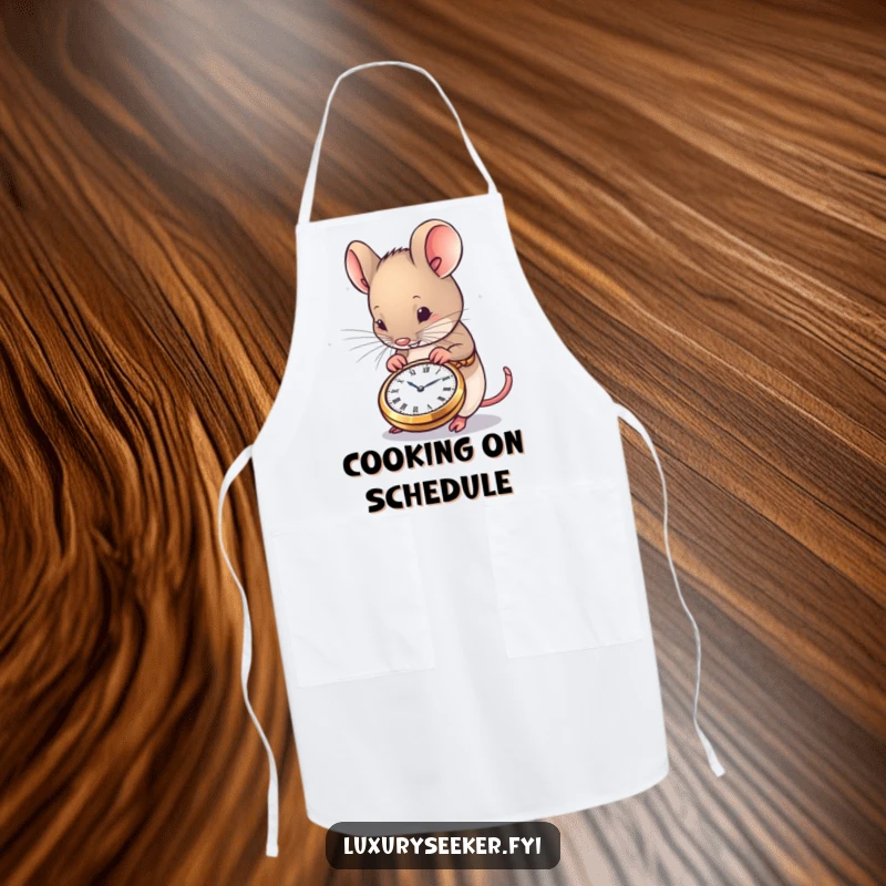 Funny Mouse Apron showing a content mouse admiring a tiny, exquisite pocket watch, perfect for kitchen use and humorous appeal.