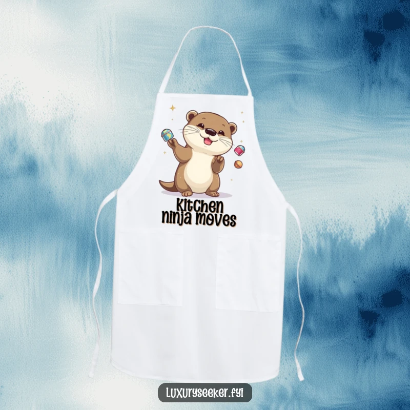 Funny otter juggling glittering items on a kitchen apron, ready for cooking, a funny gift.