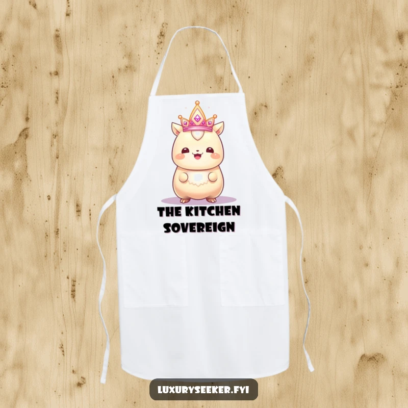 Funny apron showcasing a gleaming creature with a proud smile admiring a sparkling, tiny crown, ideal for humorous and regal cooking.