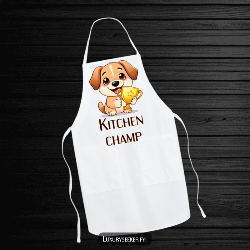 Funny Apron: A proud dog holds a golden trophy with a wide smile, perfect for adding motivational charm to cooking tasks.