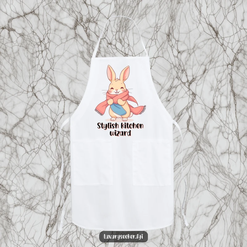 Funny Apron: A delighted rabbit draped in a long, flowing silk scarf, ready for kitchen style.