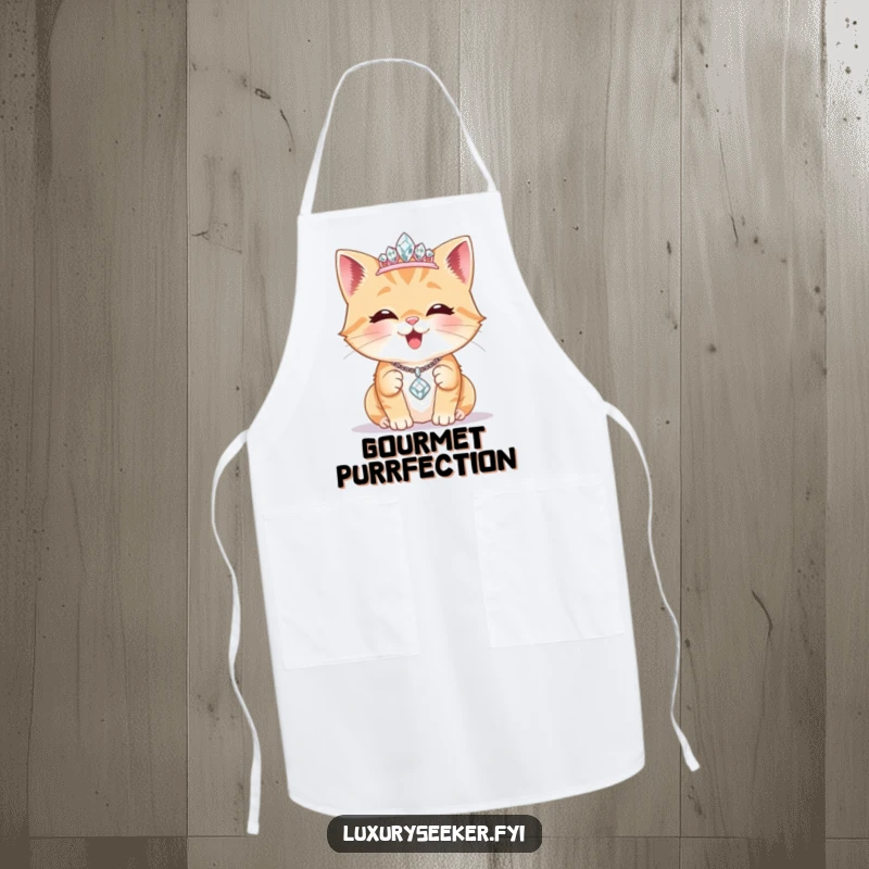 Funny Apron: A delighted cat wears a tiny diamond tiara, admiring a sparkling necklace, perfect for adding feline elegance to cooking tasks.