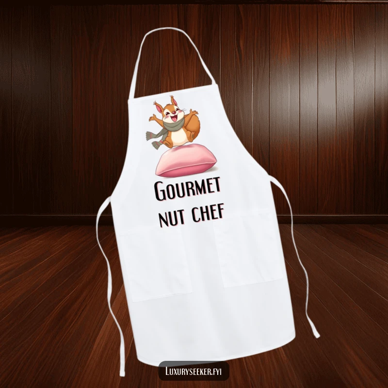 Funny apron: An excited squirrel wearing a scarf joyfully leaping onto a velvet cushion, great for stylish kitchen activities.