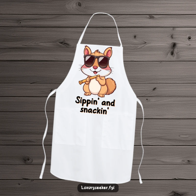 Funny squirrel with sunglasses sips a tiny flute on a kitchen apron, ready for culinary adventures.