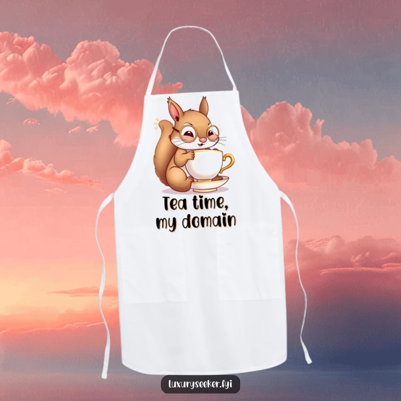 Funny apron depicting a cheerful squirrel with a monocle, sipping from a tiny golden teacup, perfect for adding refined charm to cooking.