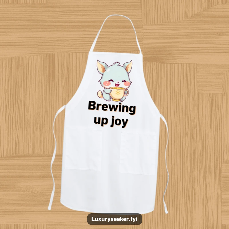 Funny apron showing a joyful creature with a knowing smile sipping from a tiny golden teacup, perfect for a sophisticated kitchen.