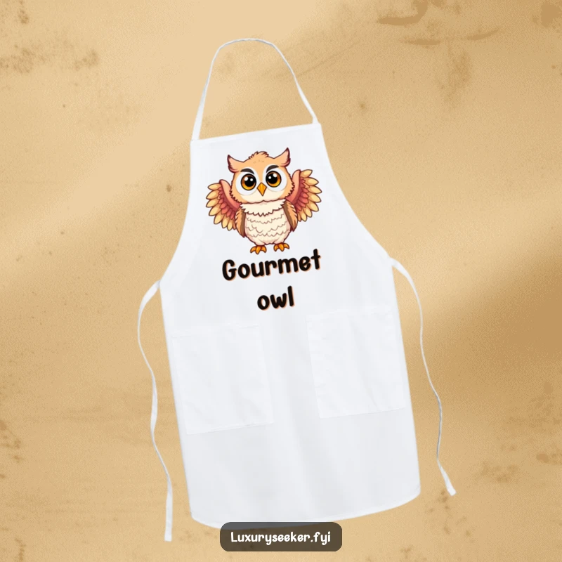 Funny apron with a joyful owl character wearing elegant feathered boas, ideal for a cook who brings style and whimsy to the kitchen.