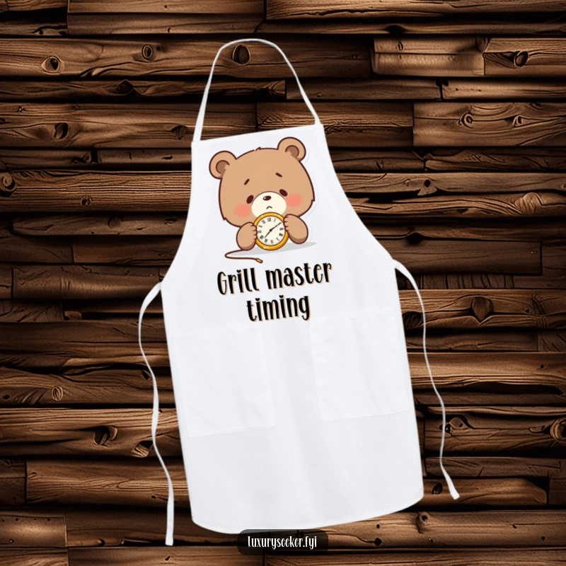 Funny apron with a determined bear character examining a tiny golden pocket watch, ideal for a cook who values precision and timeliness.
