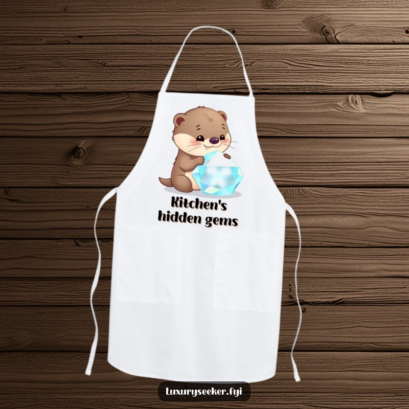 Funny otter apron showing a curious character examining a large, glittering gemstone with utmost delight while cooking.