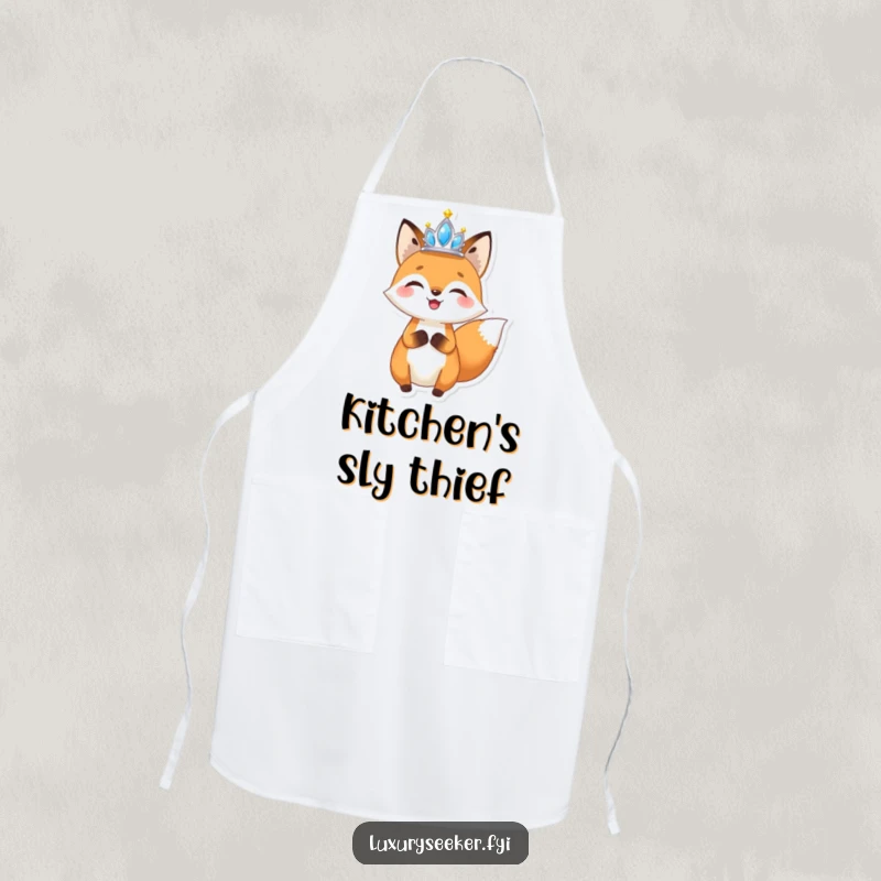 Funny Fox Tiara Apron: A practical apron featuring a joyful fox holding a miniature, sparkling tiara aloft, perfect for humorous and glamorous cooking.
