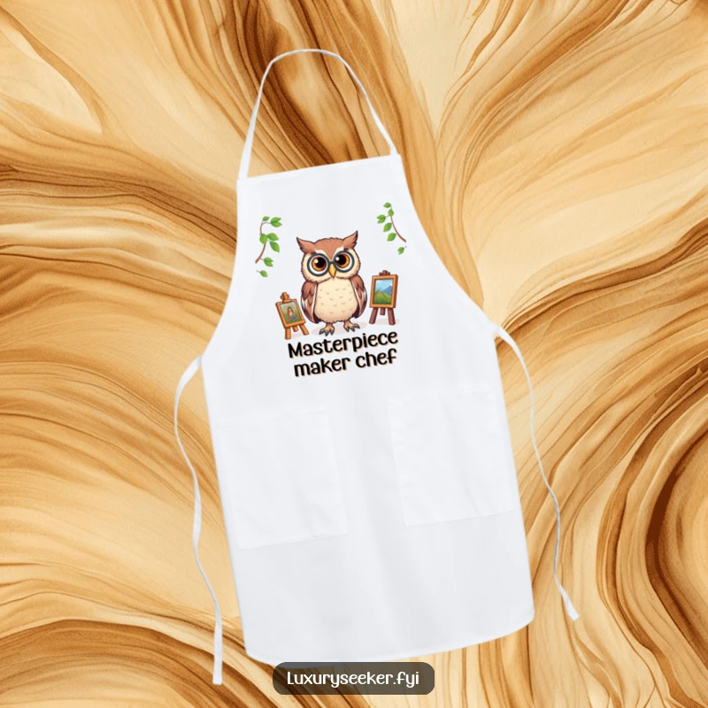 Funny apron with a monocled owl surveying a miniature art gallery, ready to oversee culinary creations with dapper, humorous flair.