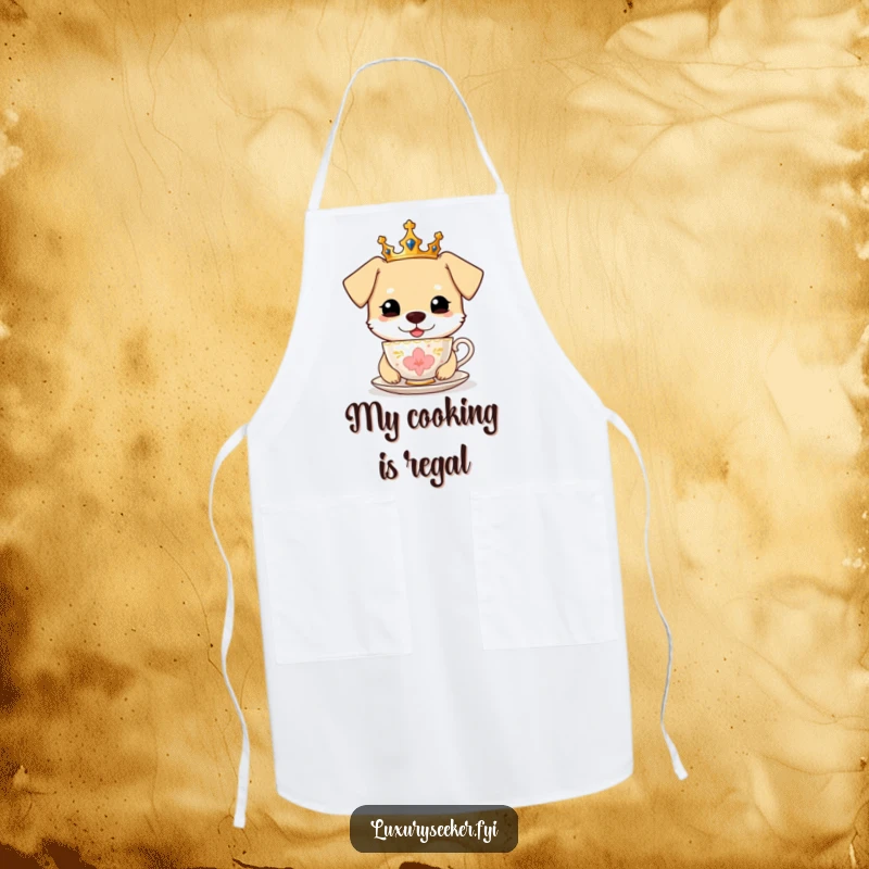 Funny Apron: A cheerful dog wearing a tiny crown, delicately sipping from a golden teacup.