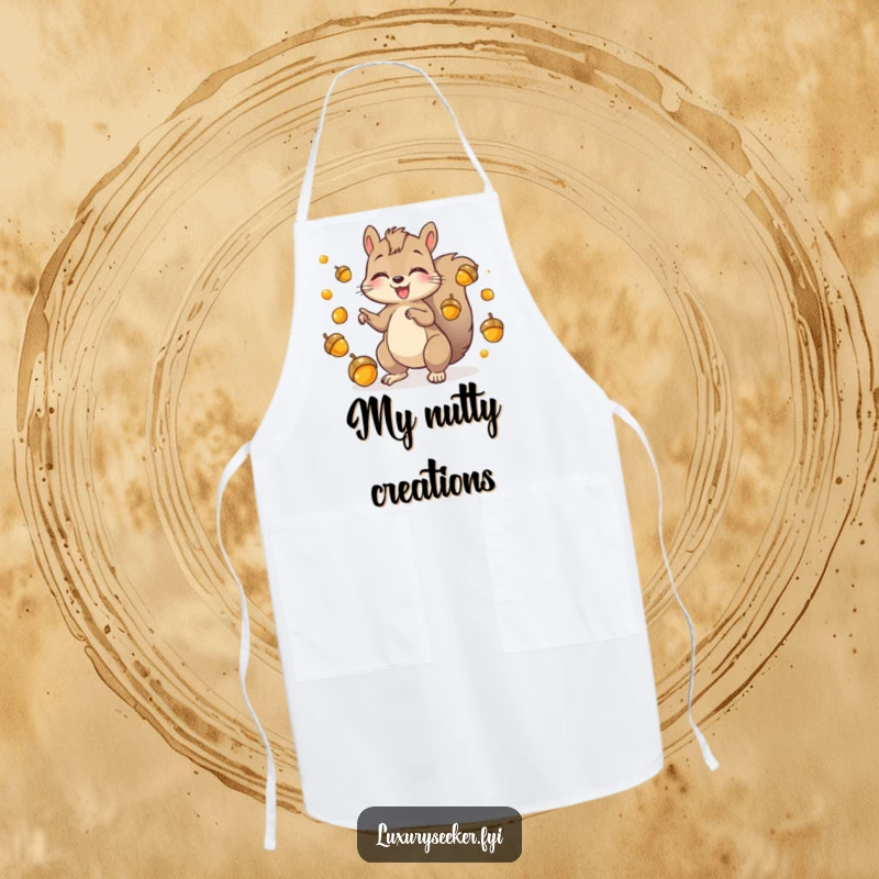 Funny Apron with a playful squirrel character juggling shiny golden acorns, protecting clothes with kitchen humor.