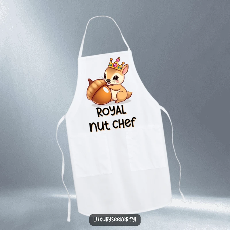 Funny apron depicting a tiny squirrel wearing a jeweled crown, admiring its reflection in a polished acorn, ideal for kitchen use.