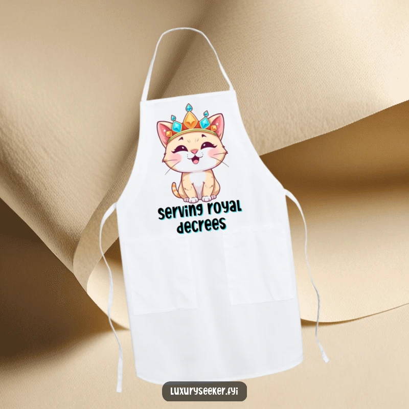 Funny Apron with a happy cat character wearing a jeweled crown, perfect for protecting clothes with regal and humorous style.