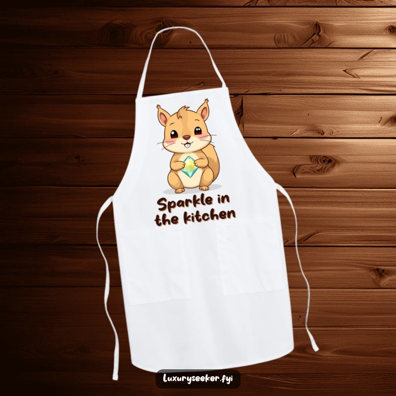 Funny Squirrel Apron with a cheerful squirrel balancing a single, sparkly gemstone on its nose, adding a whimsical flair to cooking.