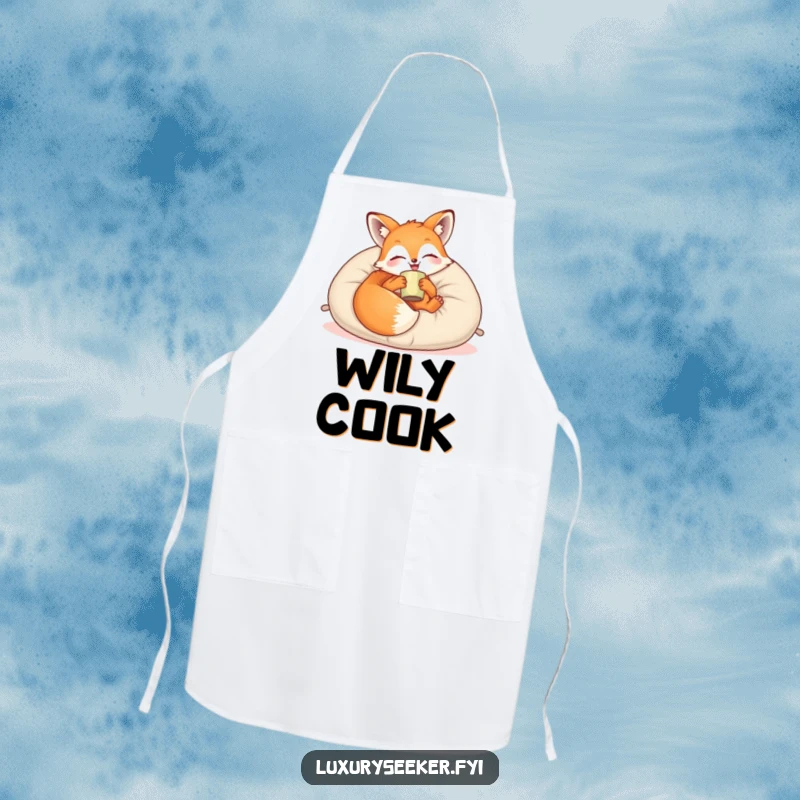 Funny Apron: A joyful fox lounges on a plush velvet pillow with a cup, perfect for adding relaxed charm to cooking tasks.