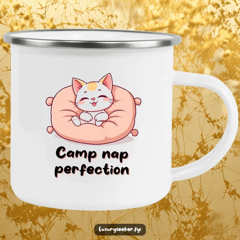 Funny camping mug showing a happy cat character lounging on a plush, oversized velvet cushion, adding cozy charm to outdoor trips.