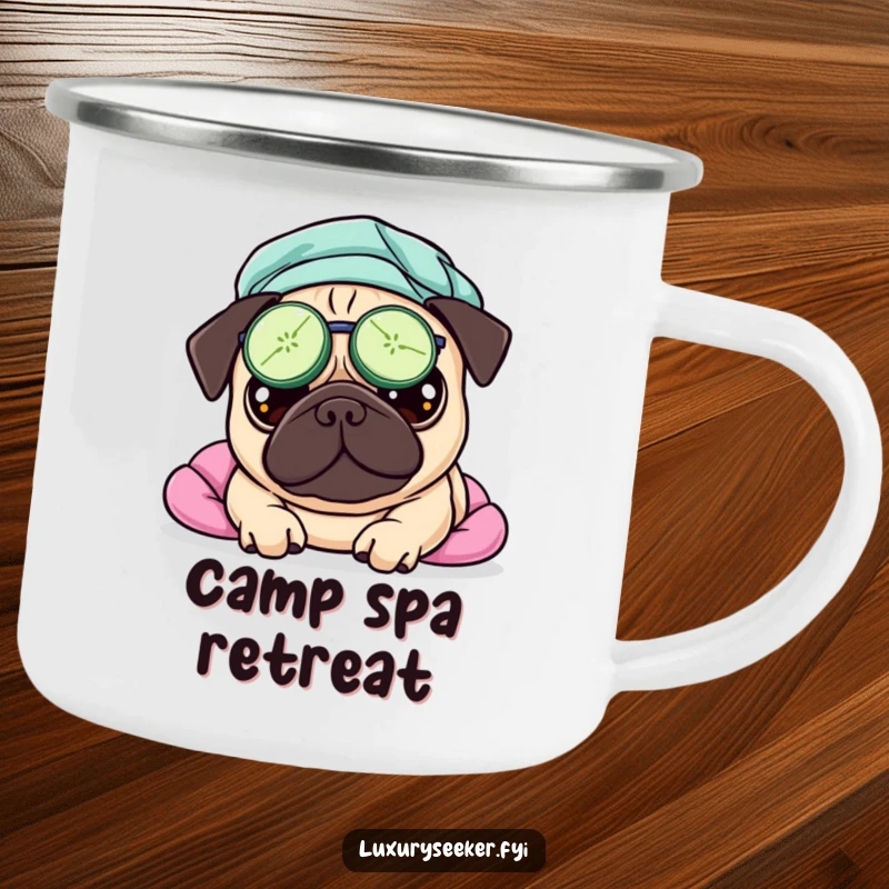 Funny camping mug with a pampered pug wearing cucumber slices on its eyes, relaxing outdoors during a humorous spa day.