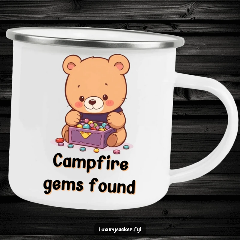 Funny Bear Camping Mug showing a curious bear admiring a tiny jewelry box overflowing with glittering gems, ideal for outdoor enjoyment.