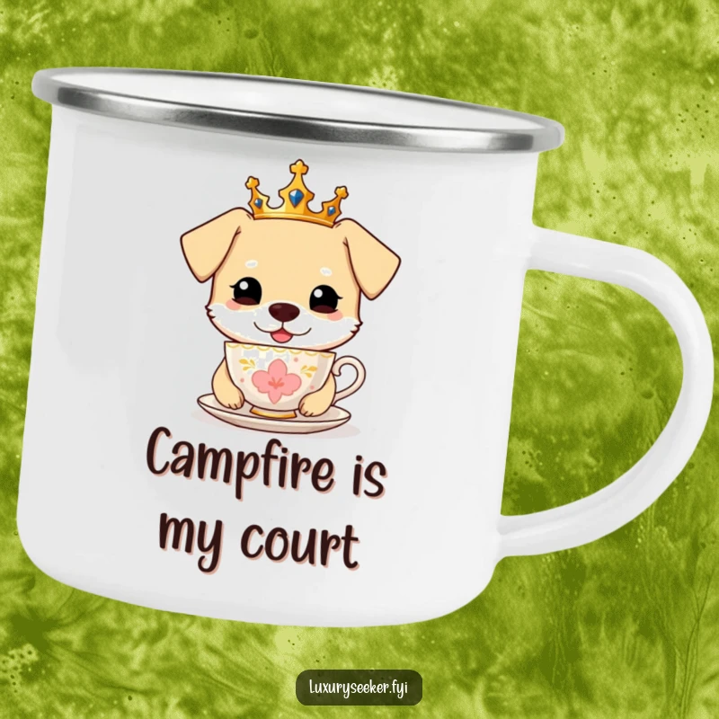 Funny Camping Mug: A happy dog wearing a small crown, sipping from a golden teacup.