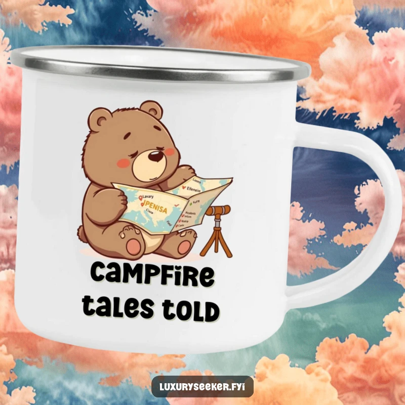 Funny camping mug showing a determined bear studying a map with luxury destinations marked, perfect for outdoor planning.