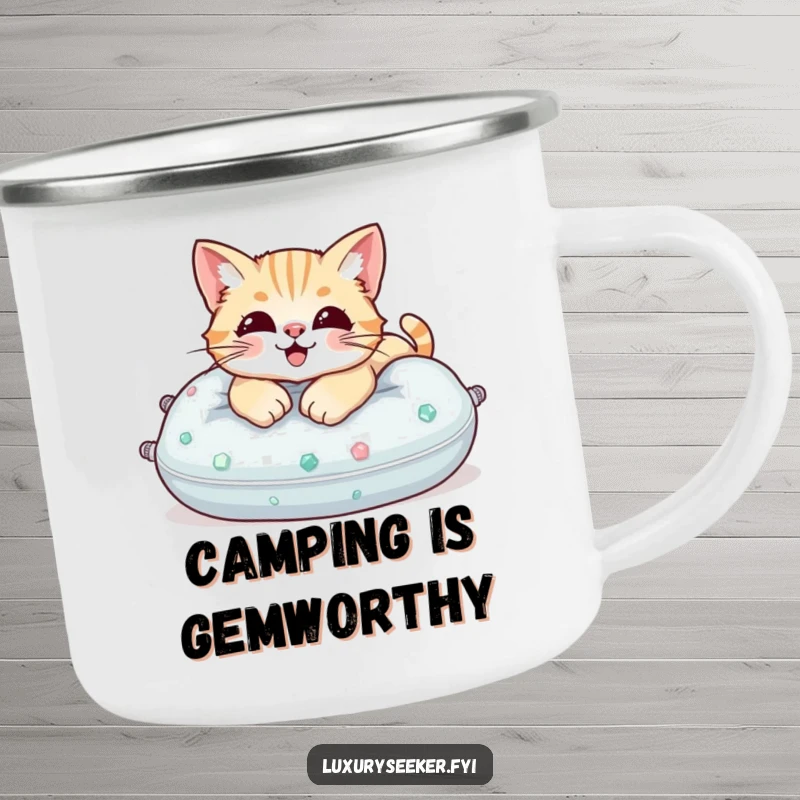 Funny Camping Mug: A content cat relaxing on a plush pillow made of glittering gemstones.