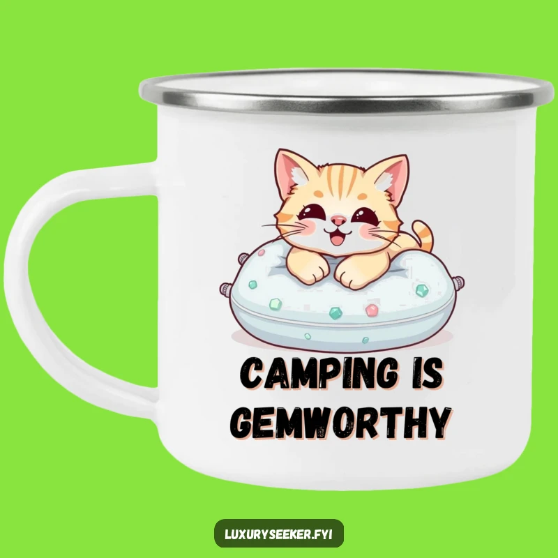 Funny Cat Gemstone Pillow Camping Mug, Camp in Luxury, Your Purrfect Funny Gift