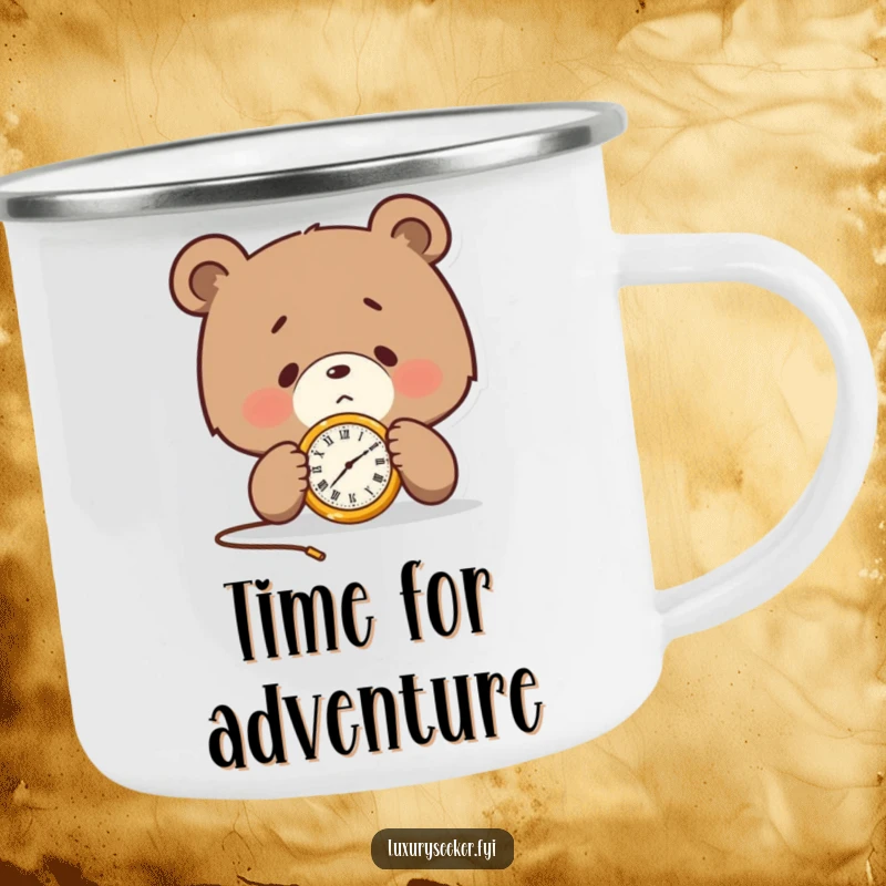 Funny camping mug featuring a determined bear character examining a tiny golden pocket watch, perfect for focused outdoor moments.