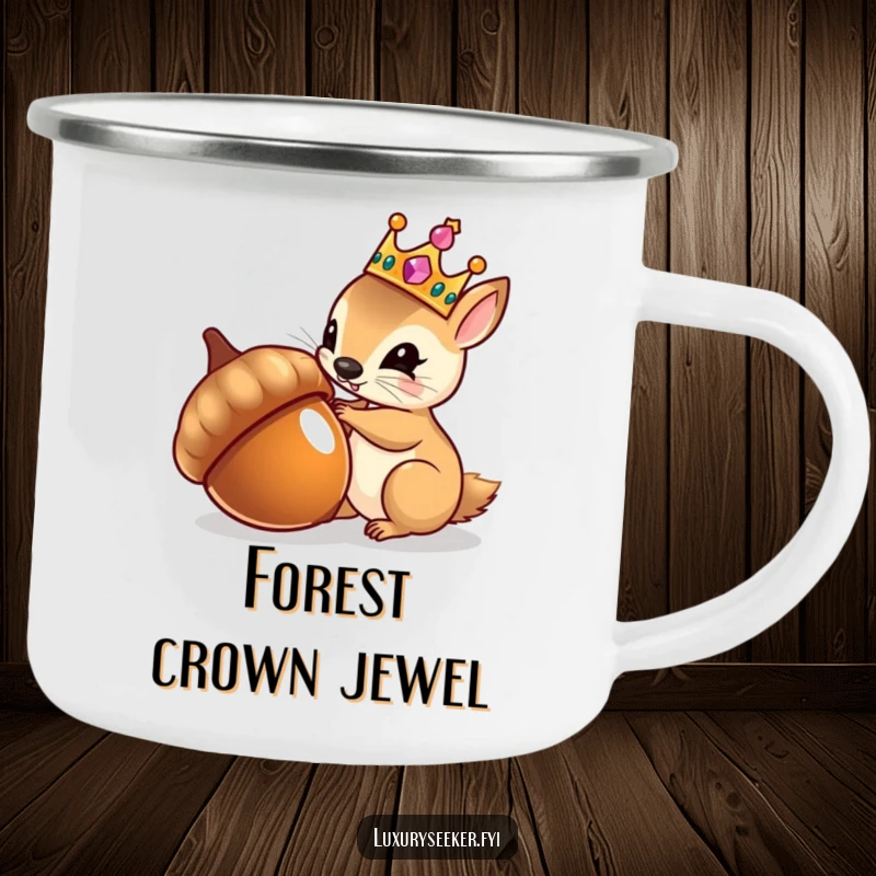 Funny camping mug with a tiny squirrel in a jeweled crown admiring its reflection in a shiny acorn, ideal for outdoor use.