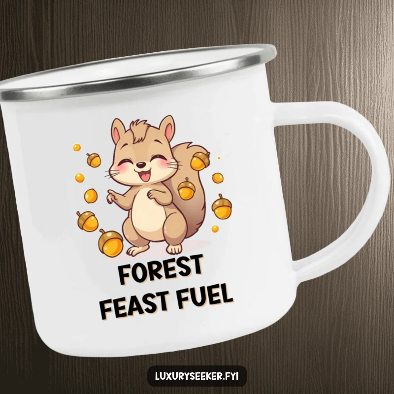 Funny Camping Mug featuring a playful squirrel character juggling shiny golden acorns, bringing humorous fun to outdoor adventures.