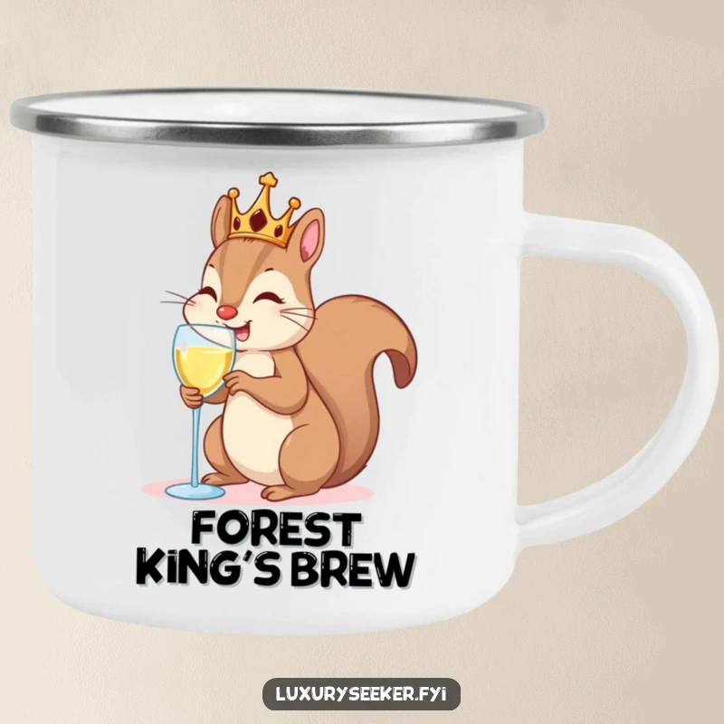 Funny Camping Mug: Squirrel in a crown sipping champagne, durable and humorous for outdoor use.