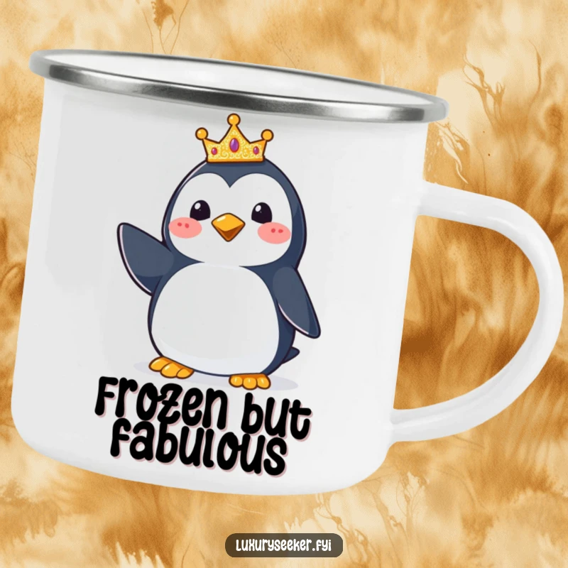 Funny Penguin Crown Camping Mug: Sturdy enamel mug featuring a happy penguin wearing a small glittering crown, perfect for enjoying drinks outdoors with humor.